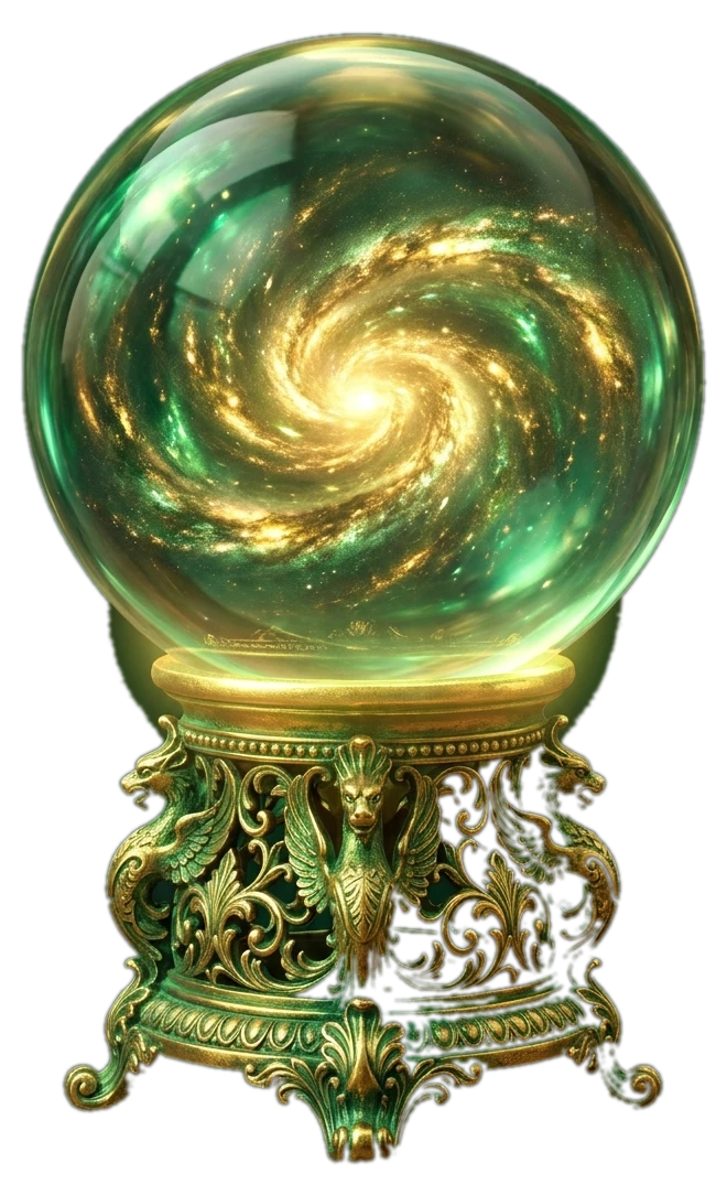 Mystical oracle: a crystal sphere with a golden and emerald universe swirling inside, resting on an ornate golden pedestal